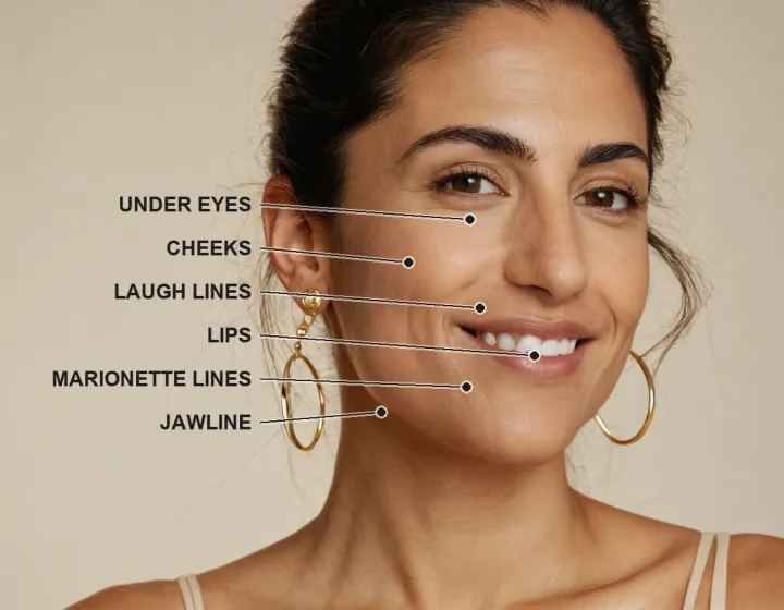 Dermal filler treatment areas: under eyes, cheeks, laugh lines, lips, marionette lines and jawline